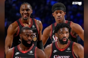 埃奇库姆转发76人四人组P图：恩比德、杰伦·布朗、马克西、自己